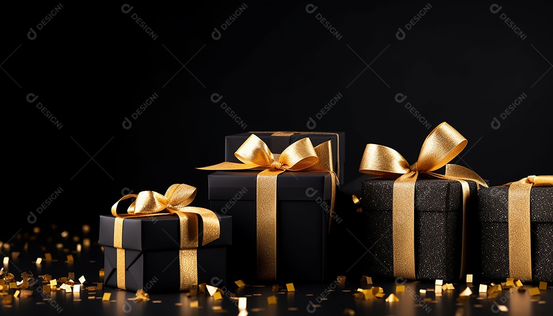 Foto de caixas de presente pretas com laço de fita dourada