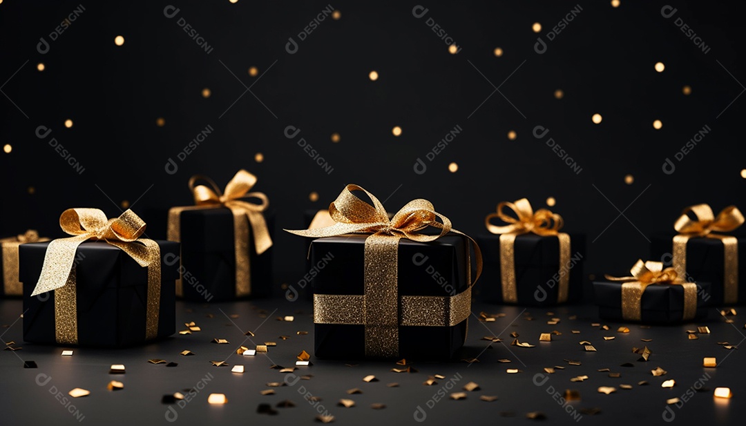 Foto de caixas de presente pretas com laço de fita dourada