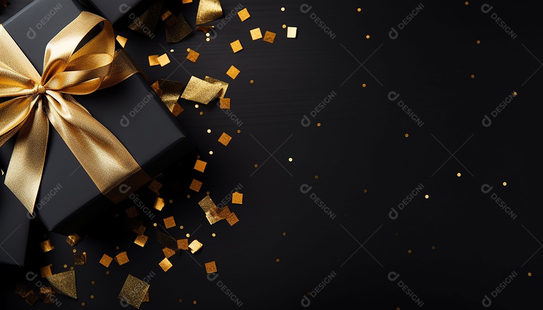 Foto de caixas de presente pretas com laço de fita dourada