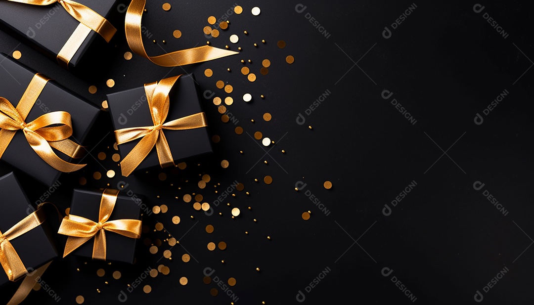 Foto de caixas de presente pretas com laço de fita dourada