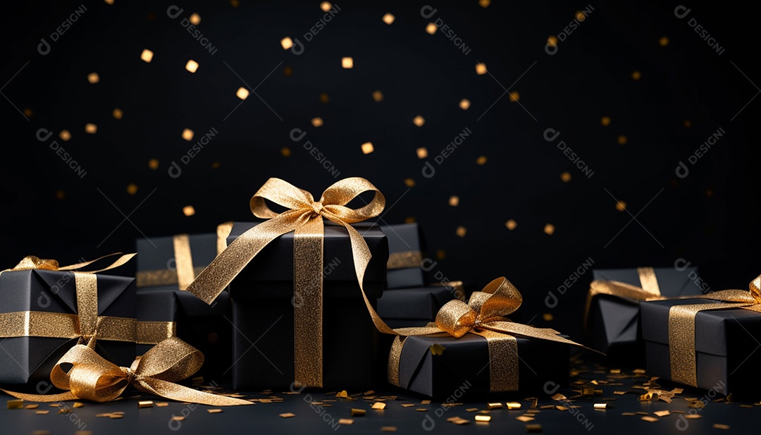 Foto de caixas de presente pretas com laço de fita dourada