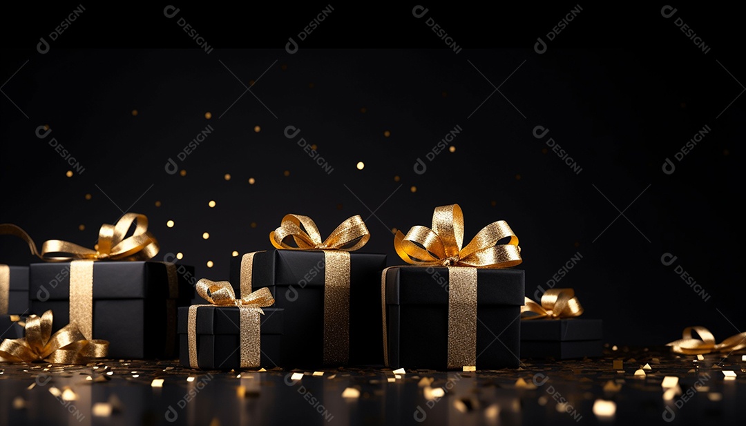 Foto de caixas de presente pretas com laço de fita dourada