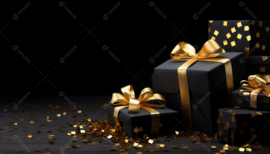 Foto de caixas de presente pretas com laço de fita dourada