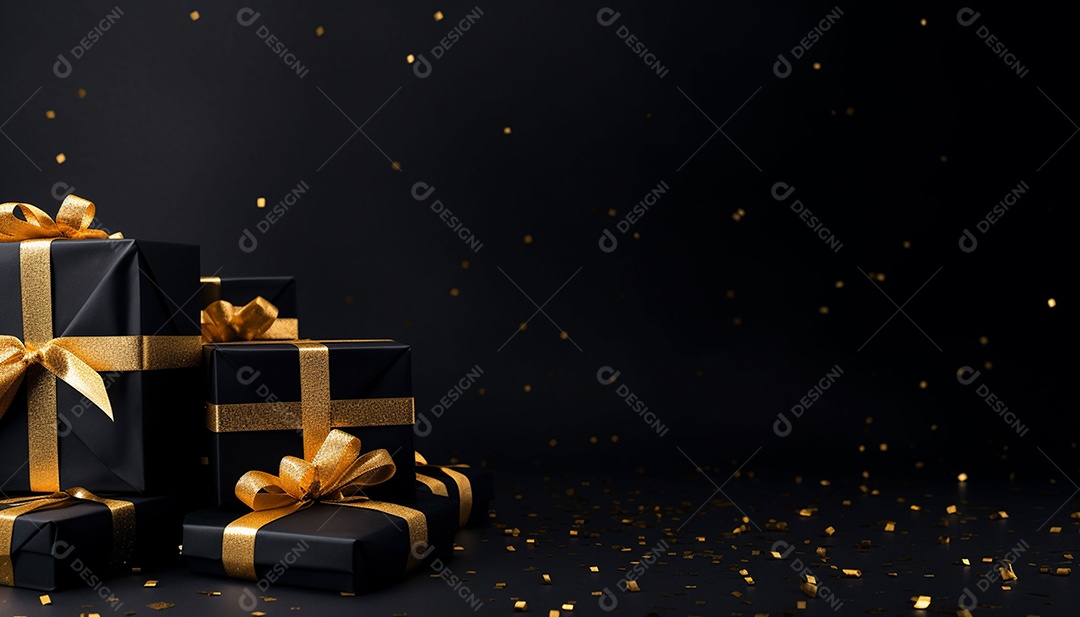 Foto de caixas de presente pretas com laço de fita dourada