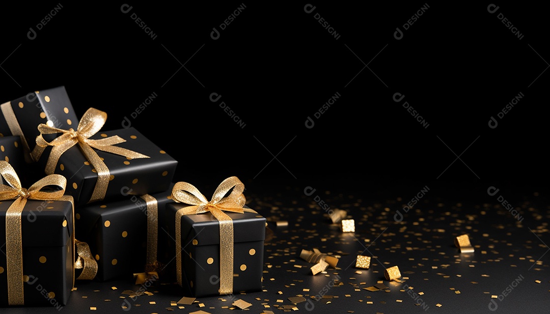 Foto de caixas de presente pretas com laço de fita dourada