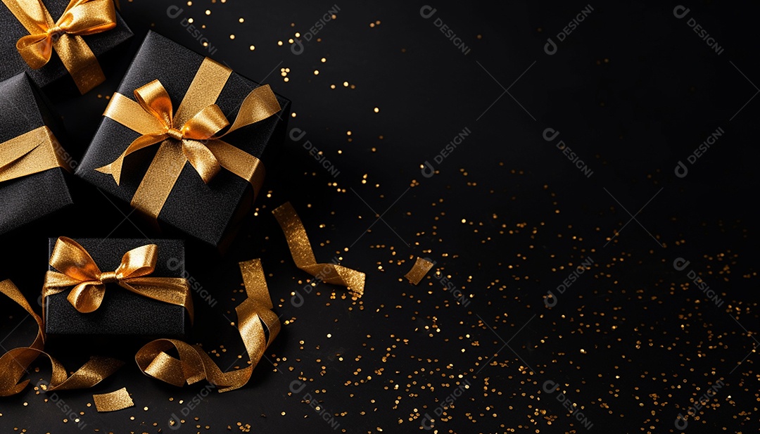 Foto de caixas de presente pretas com laço de fita dourada