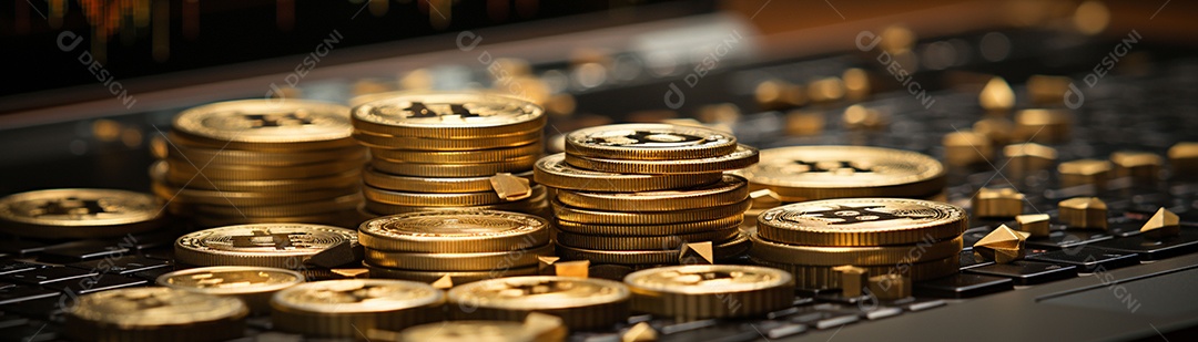 Foto com criptomoeda e computador em dourado