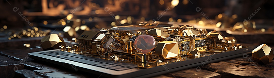 Foto com criptomoeda e computador em dourado