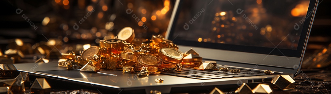 Foto com criptomoeda e computador em dourado