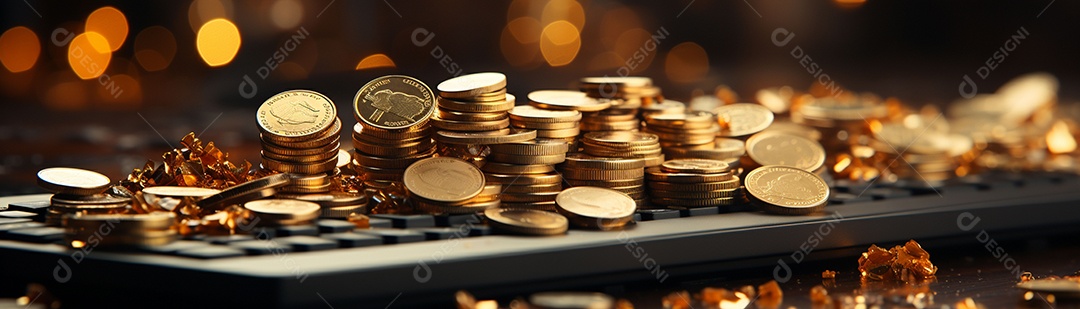 Foto com criptomoeda e computador em dourado