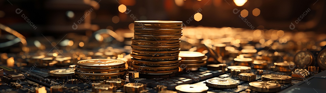 Foto com criptomoeda e computador em dourado