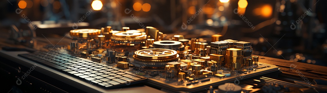 Foto com criptomoeda e computador em dourado