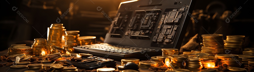 Foto com criptomoeda e computador em dourado