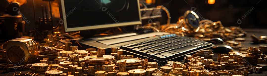 Foto com criptomoeda e computador em dourado