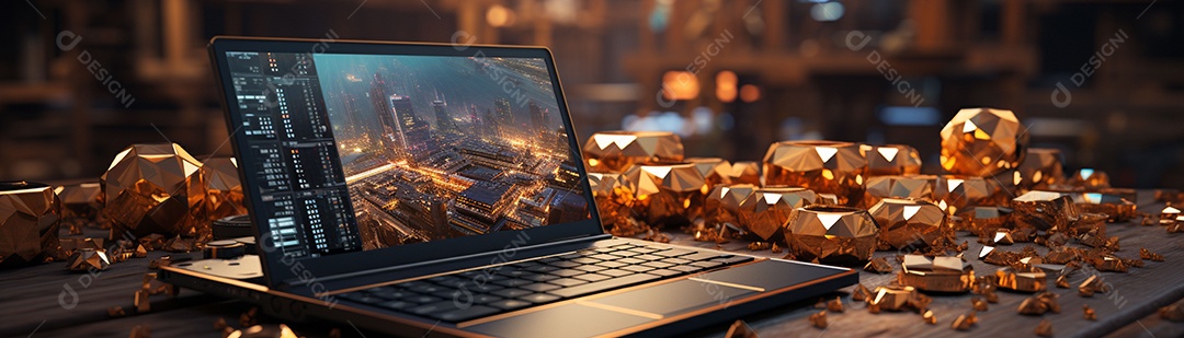 Foto com criptomoeda e computador em dourado