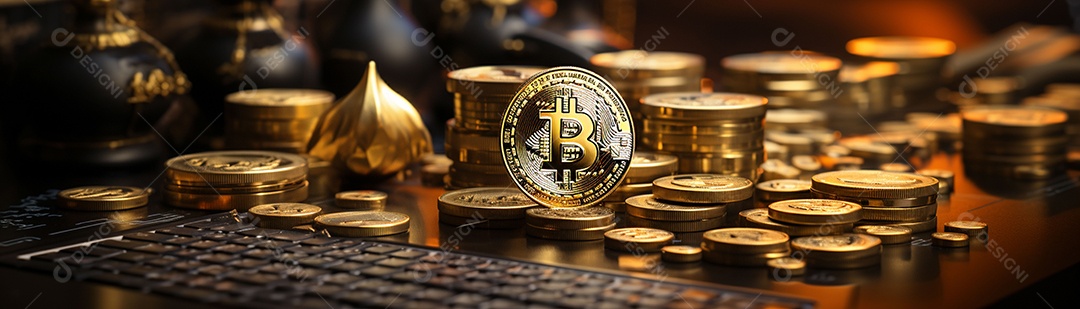 Foto com criptomoeda e computador em dourado