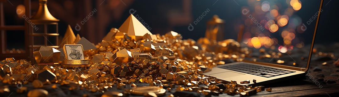 Foto com criptomoeda e computador em dourado