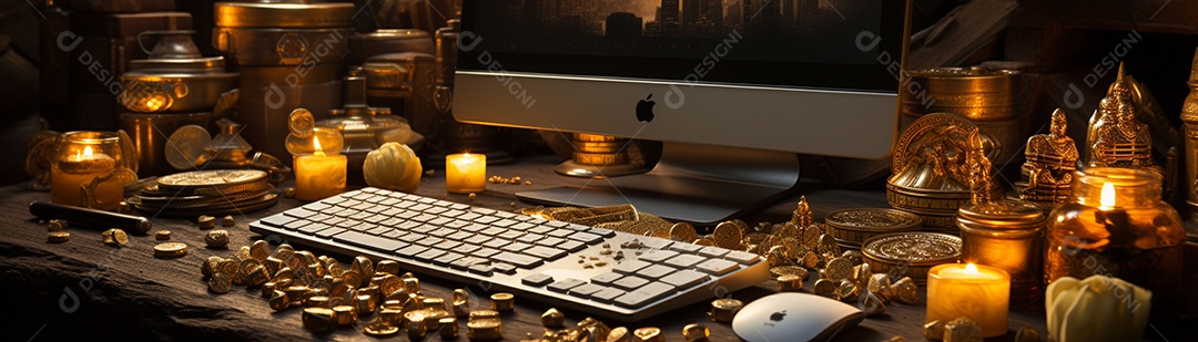 Foto com criptomoeda e computador em dourado