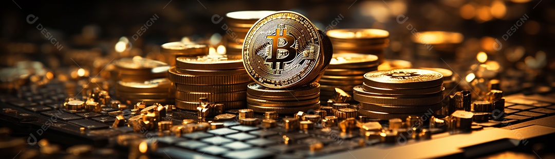 Foto com criptomoeda e computador em dourado