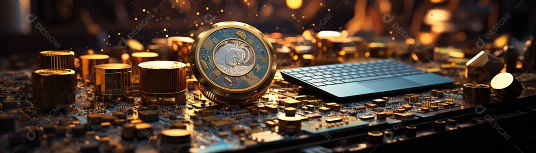 Foto com criptomoeda e computador em dourado