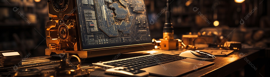 Foto com criptomoeda e computador em dourado