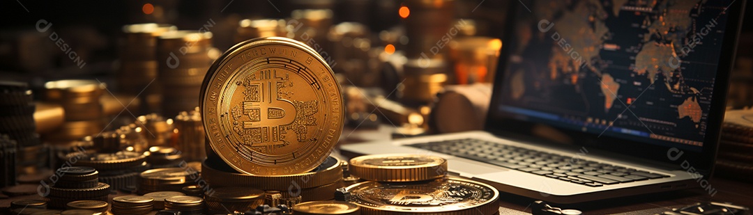 Foto com criptomoeda e computador em dourado