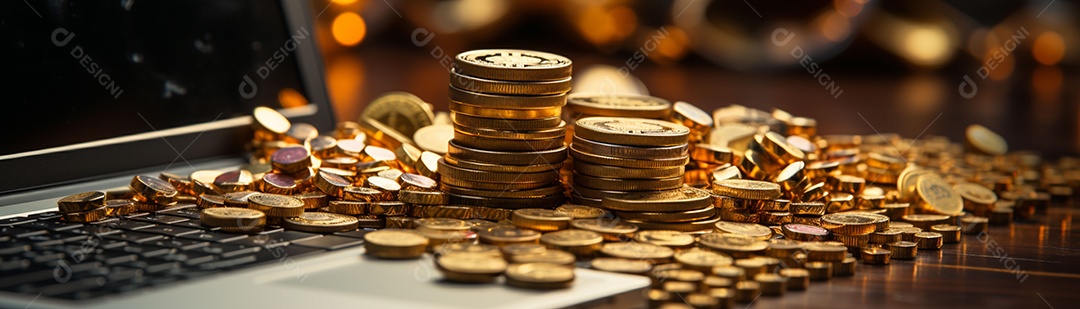 Foto com criptomoeda e computador em dourado