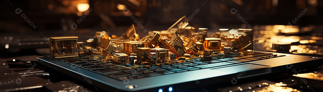 Foto com criptomoeda e computador em dourado