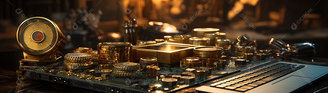 Foto com criptomoeda e computador em dourado