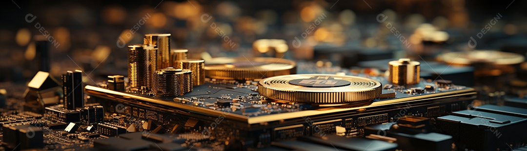 Foto com criptomoeda e computador em dourado