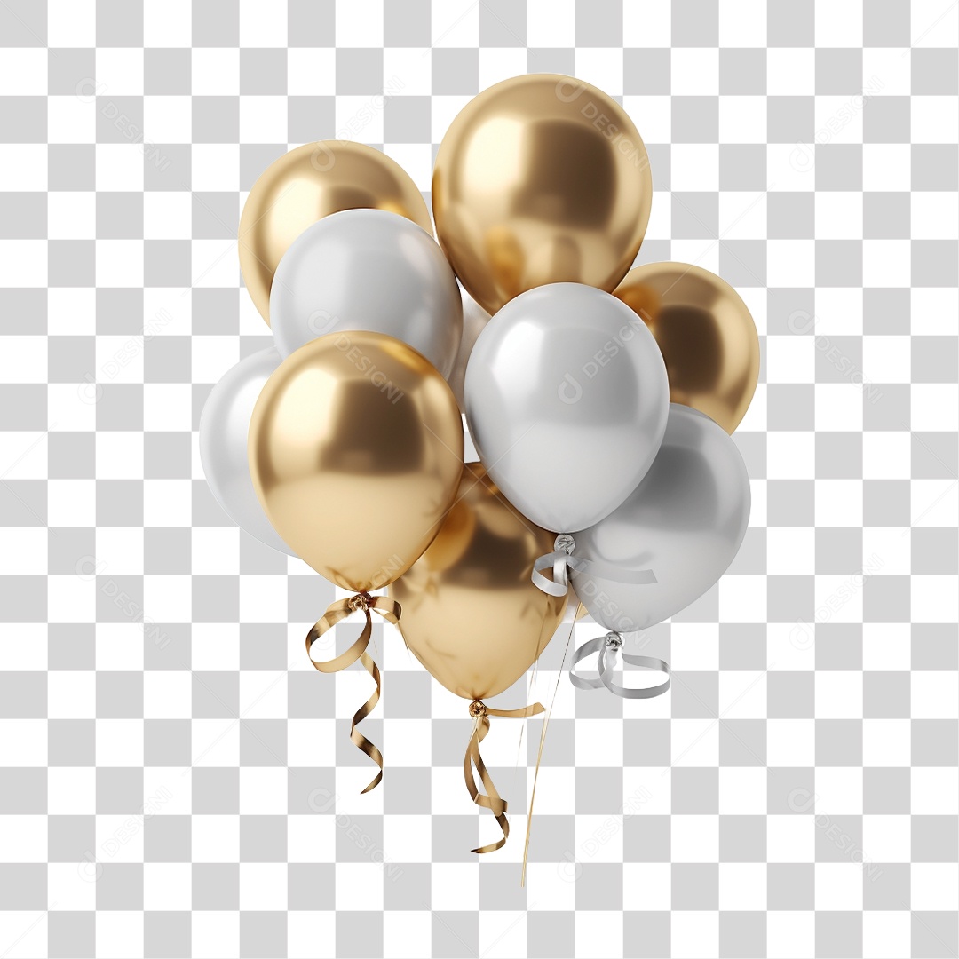 Balões Dourados e Prateados PNG Transparente
