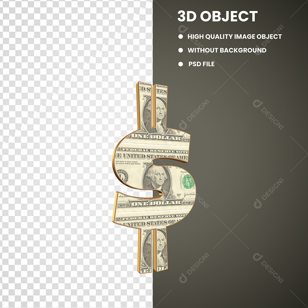 Elemento 3D Sinal de Dólar Para Composição PSD