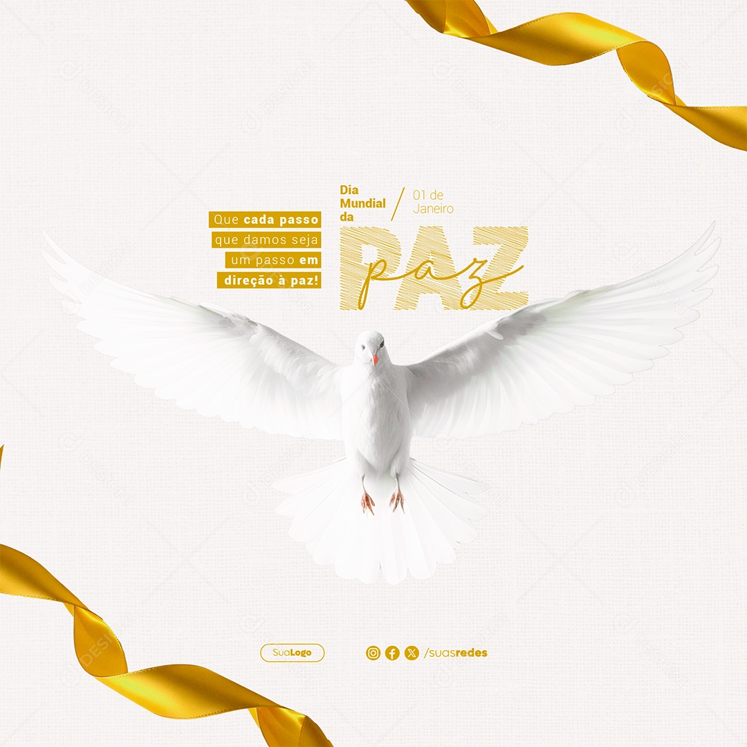 Dia Mundial da Paz 01 de janeiro Social Media Post Branco e Dourado PSD Editável