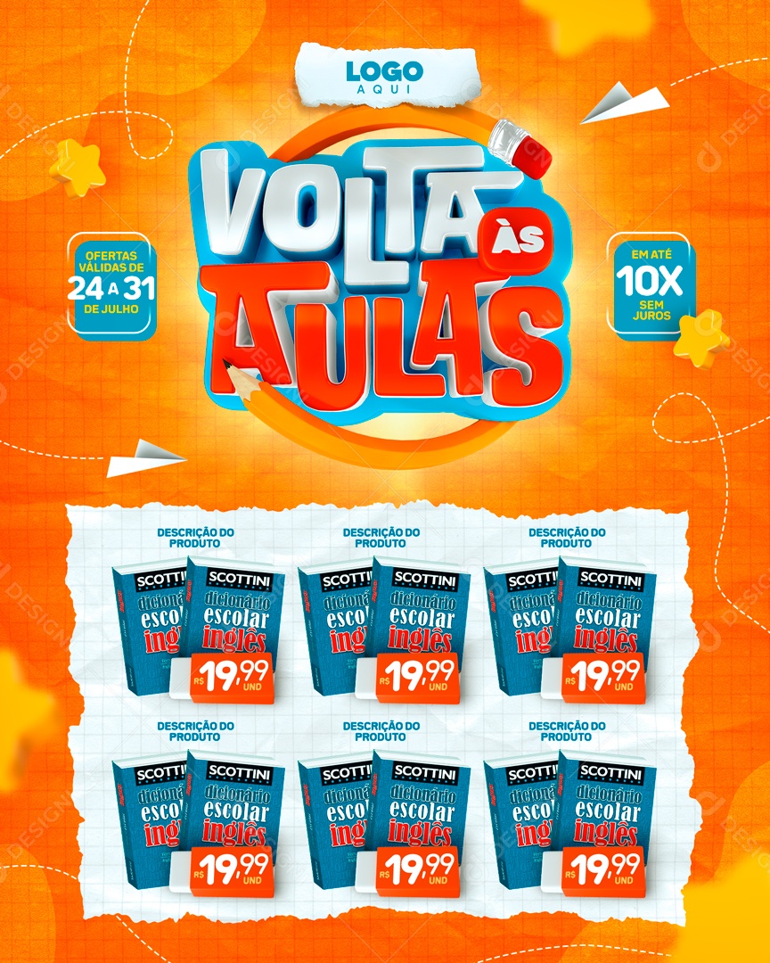 Encarte Volta as Aulas Dicionário Escolar Inglês Social Media PSD Editável