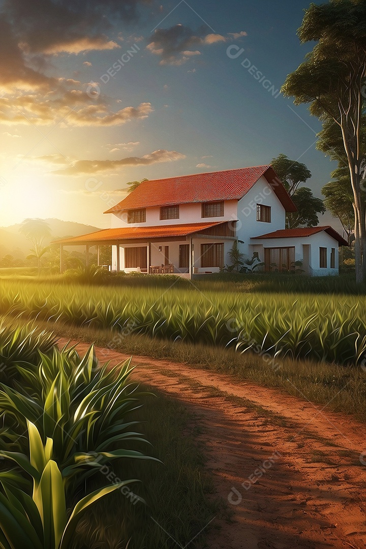 Renderização da casa de fazenda Plantatin ao pôr do sol