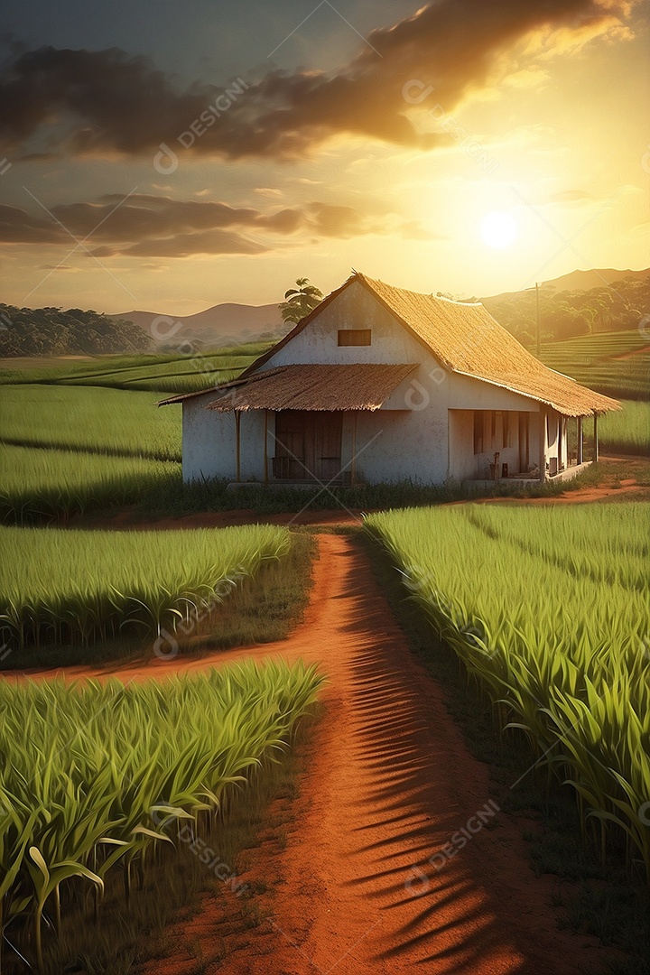 Renderização da casa de fazenda Plantatin ao pôr do sol