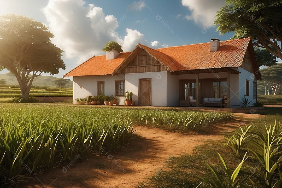 Renderização da casa de fazenda Plantatin ao pôr do sol