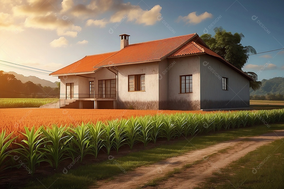 Renderização da casa de fazenda Plantatin ao pôr do sol