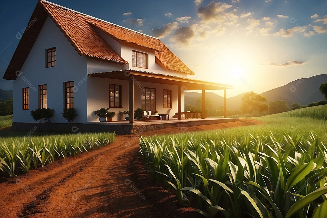 Renderização da casa de fazenda Plantatin ao pôr do sol