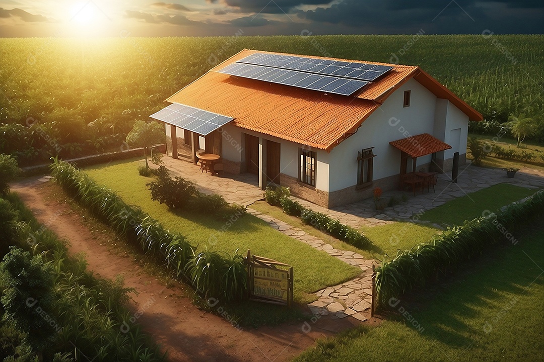 Casa moderna com painéis fotovoltaicos em um campo