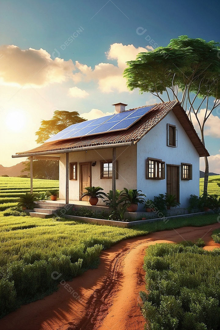 Casa moderna com painéis fotovoltaicos em um campo