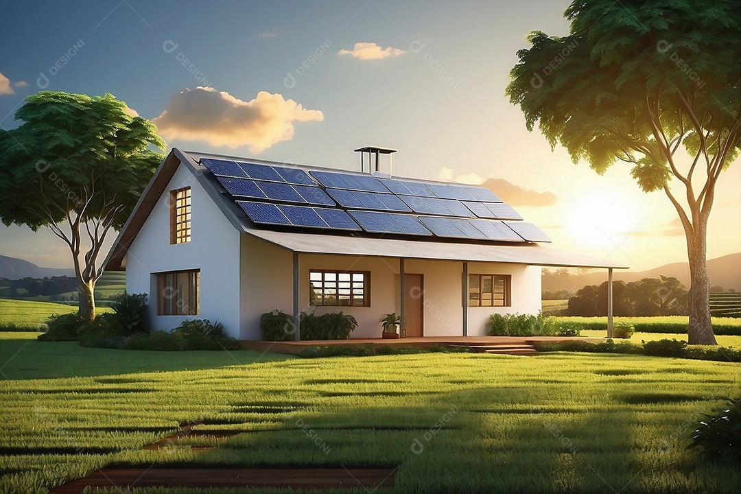 Casa moderna com painéis fotovoltaicos em um campo