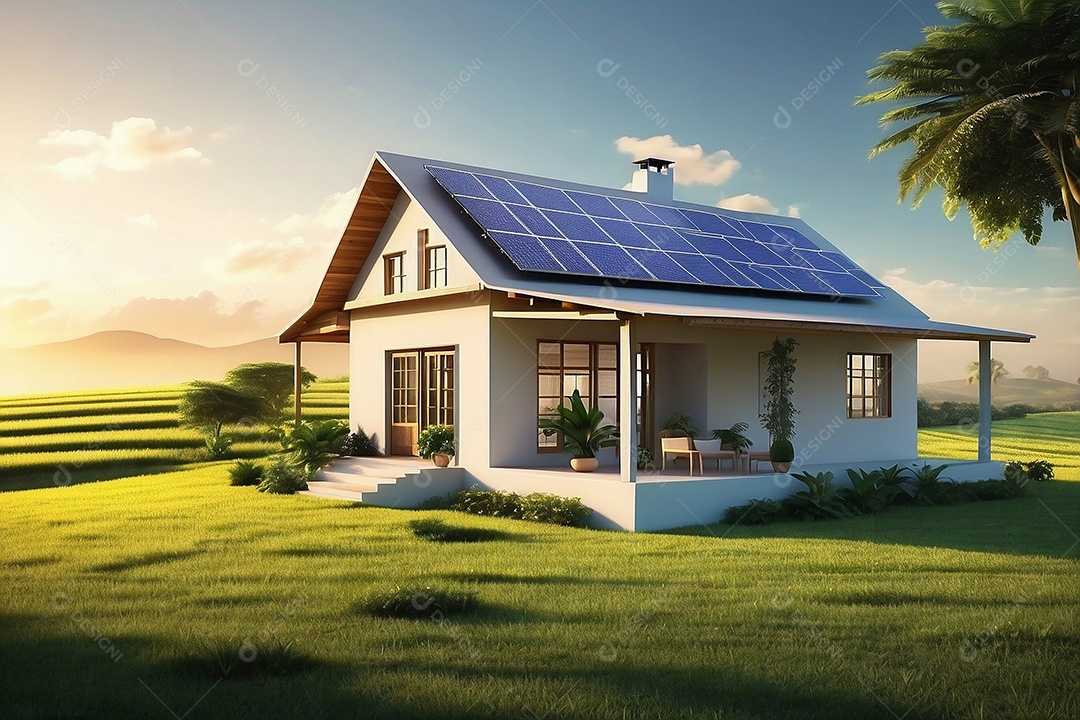 Casa moderna com painéis fotovoltaicos em um campo
