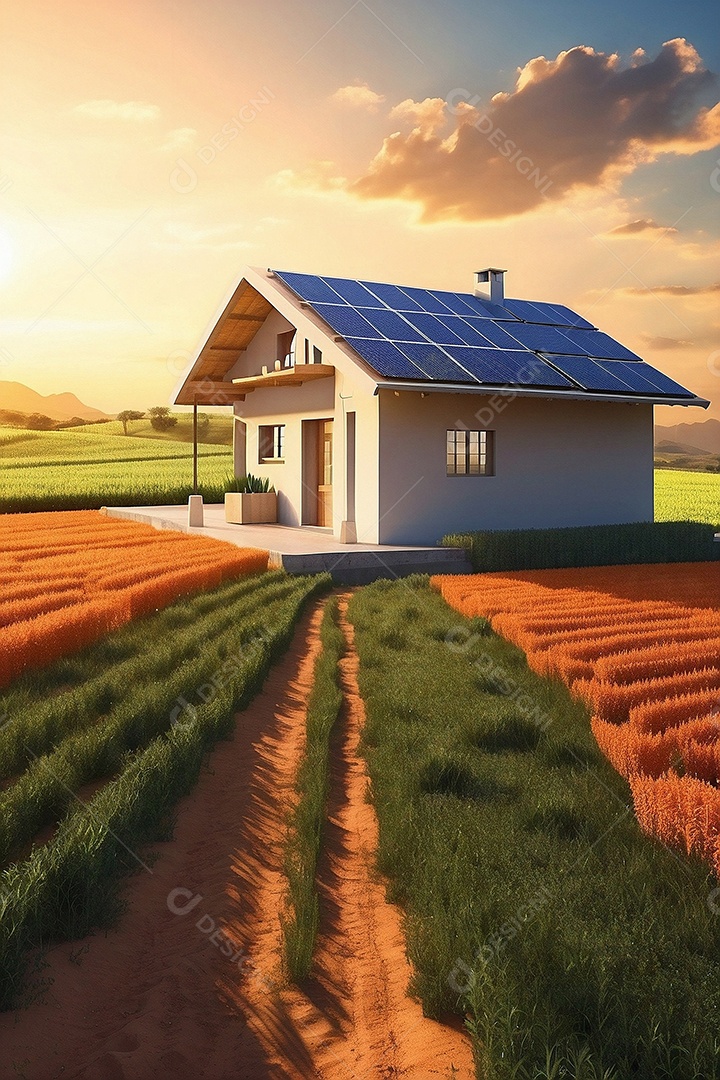 Casa moderna com painéis fotovoltaicos em um campo