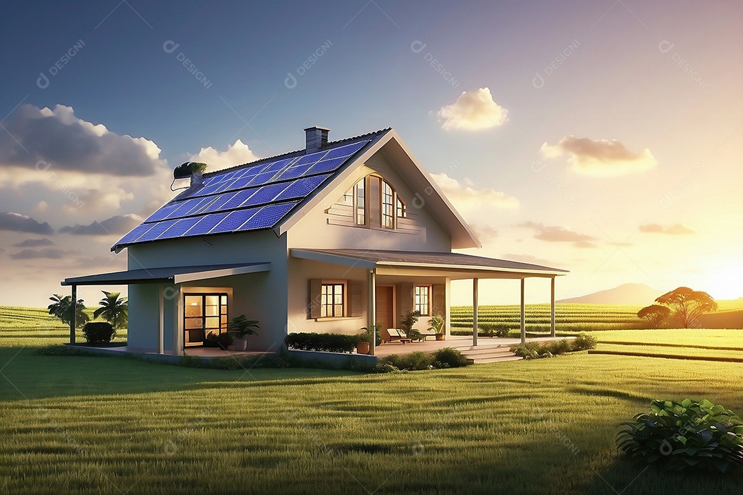 Casa moderna com painéis fotovoltaicos em um campo