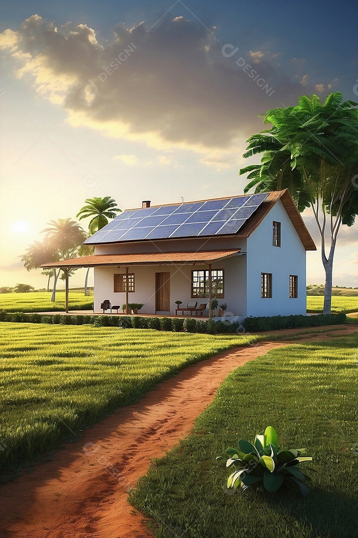Casa moderna com painéis fotovoltaicos em um campo