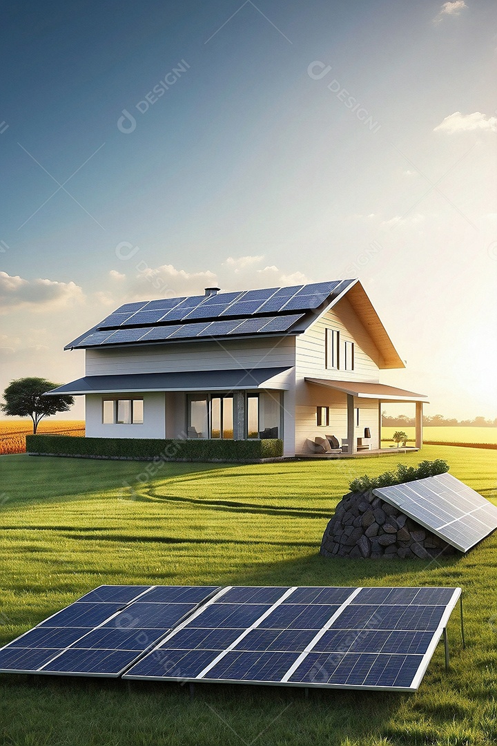 Casa moderna com painéis fotovoltaicos em um campo