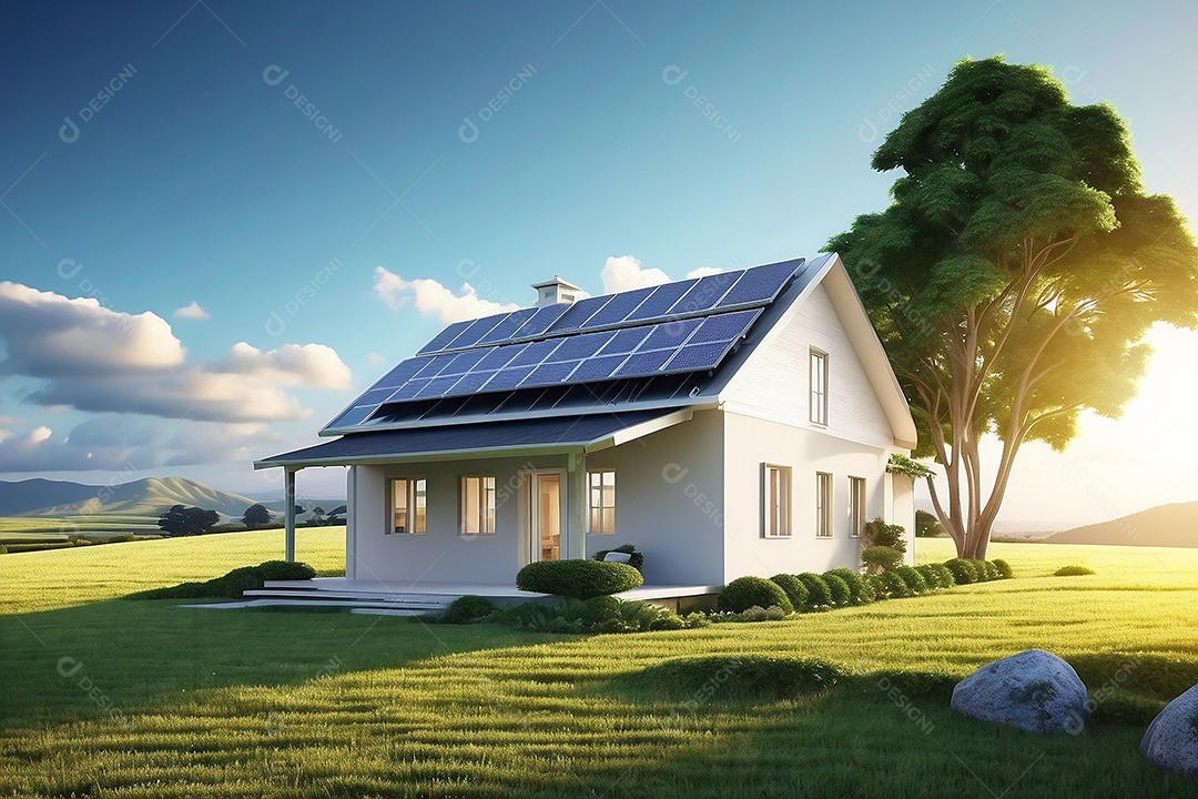 Casa moderna com painéis fotovoltaicos em um campo