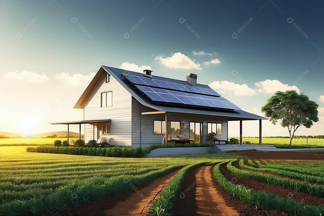 Casa moderna com painéis fotovoltaicos em um campo