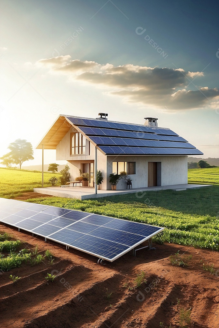 Casa moderna com painéis fotovoltaicos em um campo